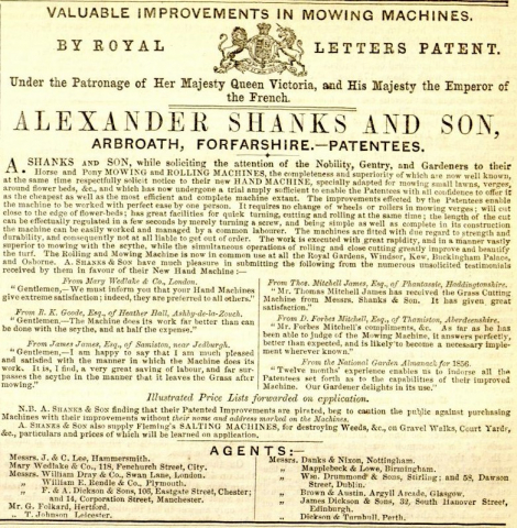 Shanks  advertisement in The Gardeners Chronicle - 3rd May 1856