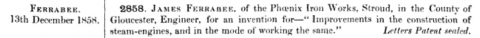  James Ferrabee - Patent No. 2858 - Improvements in the construction of steam engines - 13th December 1858