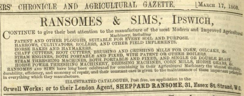 Ransomes Advertisement - The Gardeners Chronicle and Agricultural Gazette  - 17th March 1860