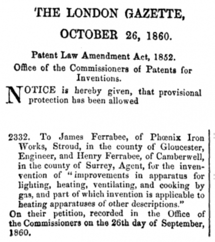 The London Gazette - Article concerning James Ferrabee and his brother Henry Ferrabee - now living in Camberwell