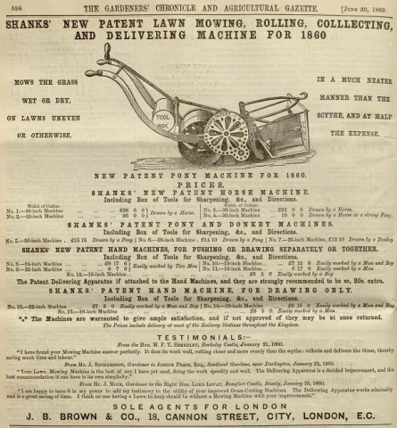 Shanks Advertisement in The Gardeners Chronicle 30th June 1860
