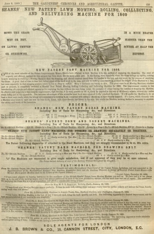 Shanks Advertisement in The Gardeners Chronicle - 9th June 1860