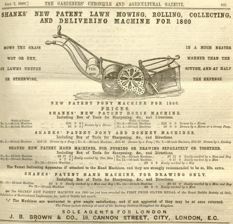 Shanks Advertisement in The Gardeners Chronicle - 7th July 1860