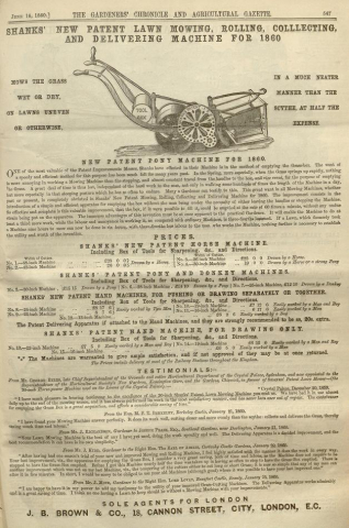 Shanks Advertisement in The Gardeners Chronicle - 16th June 1860