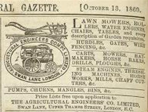 Agricultural Engineers Company Limited advertisement in The Gardeners Chronicle -13th October 1860