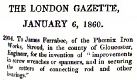 James Ferrabee of The Pheonix Works, Stroud.  - Improvements in Screw wrenches & spanners, etc"