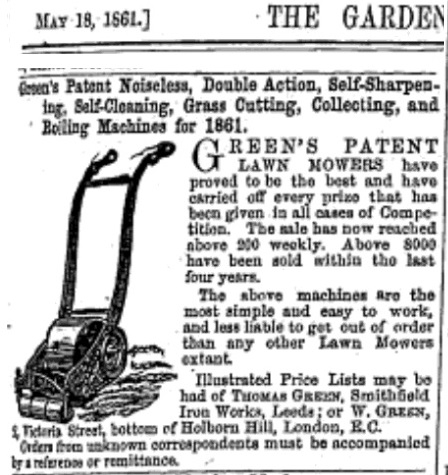 1861-05-18   Greens advertisement - noting above 8000 mowers sold in the last 4 years - Spring 1861