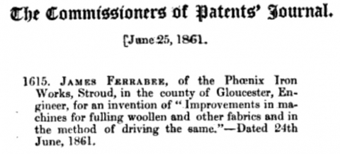 James Ferrabee's patent No. 1615    24th of June 1861