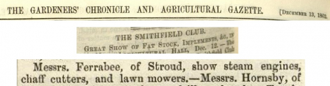 "Messrs Ferrabee exhibit at The Smithfield Show"   12th December 1862