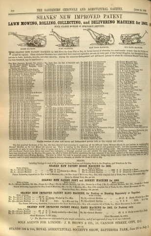 Shanks advertisement in The Gardeners Chronicle - 21st June 1862