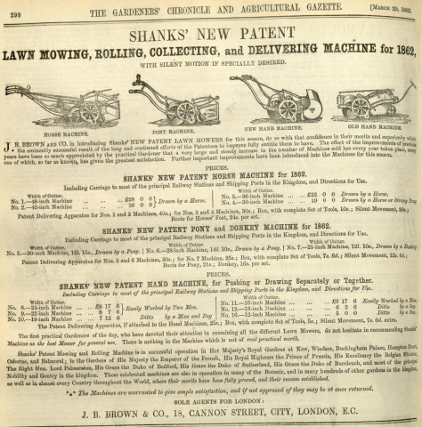 Shanks Advertisement in The Gardeners Chronicle - 29th March 1862