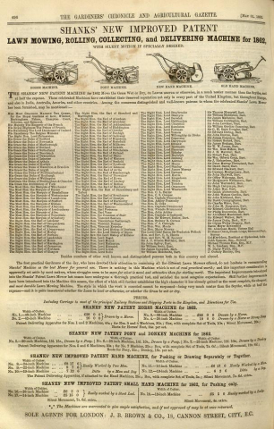 Shanks advertisement in The Gardeners Chronicle -  31st May 1862