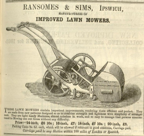 Ransomes & Sims advertisement in The Gardeners Chronicle - 10th May 1862