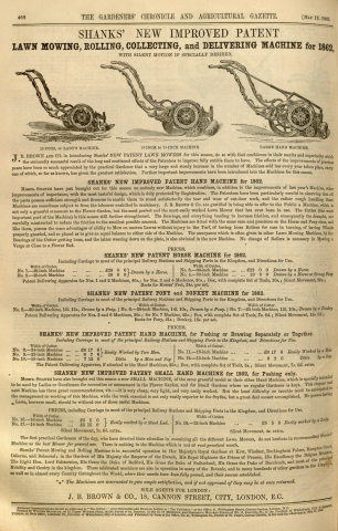 Shanks advertisement in The Gardeners Chronicle - 17th May 1862