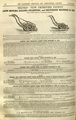 Shanks Advertisement in The Gardeners Chronicle - 26th April 1862