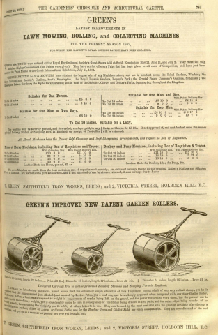 Greens advertisement in The Gardeners Chronicle - 23rd August 1862