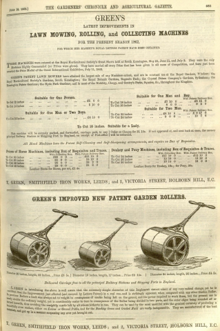 Greens advertisement in The Gardeners Chronicle - 19th July 1862