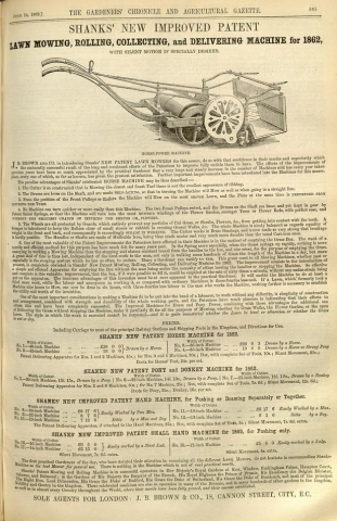  Shanks advertisement in The Gardeners Chronicle - 14th June 1862