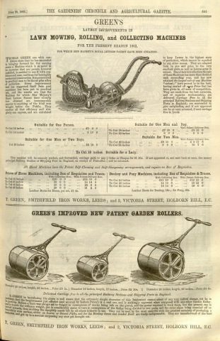 Greens advertisement in The Gardeners Chronicle - 28th June 1862
