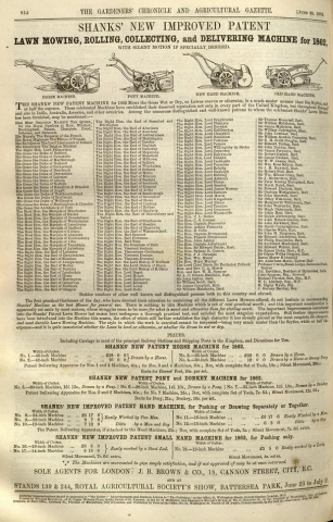 Shanks advertisement in The Gardeners Chronicle - 28th June 1862