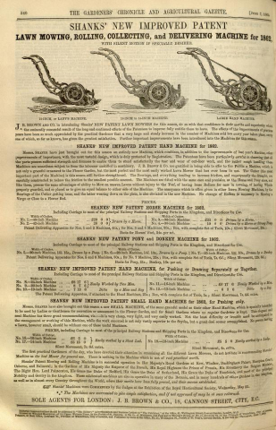  Shanks advertisement in The Gardeners Chronicle -  7th June 1862