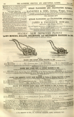 Shanks advertisement in The Gardeners Chronicle - 3rd May 1862