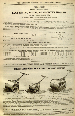 Greens advertisement in The Gardeners Chronicle - 6th September 1862