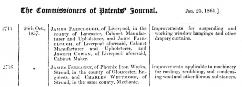 James Ferrabee & Charles Whitmore's Patent No 2716 - 26th October 1857 -  Improvements applicable to machinery for carding, scribing and condensing wool and other fibrous substances.