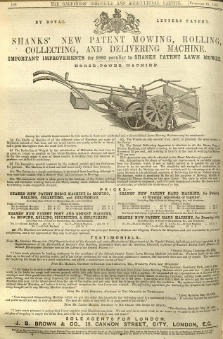 Shanks Advertisement - The Gardeners Chronicle 18th February 1860