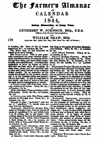 The Farmers Almanac and Calendar 1844  -Buddings Patent (Mower)  & Buddings Patent Adjustable Wrench