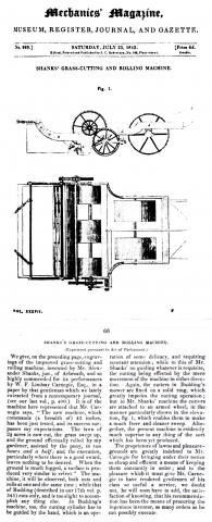 Mechanics Magazine -  Shanks Grass-Cutting and Rolling Machine - Saturday 23rd July 1842  (page 66)