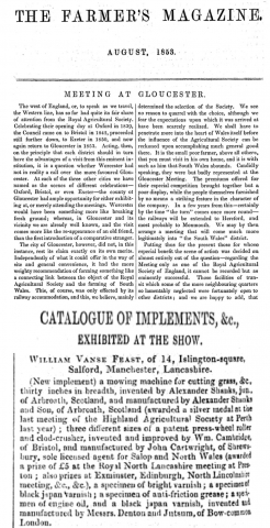 1853  Royal Agricultural Society of England Gloucester Meet -  William Vanse Feast of Salford - Exhibiting Shanks -1853