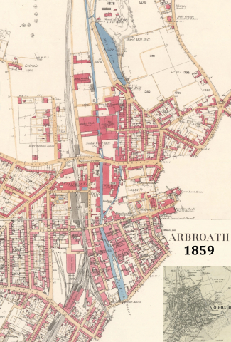1859   OS MAP OF ARBROATH SHOWING - OGLIVE PLACE - DENS IRONWORKS - ST CATHERINES STREET -1859