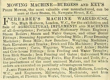 1860-05-19  James Ferrabee's Machine Warehouse at High Holborn, London  and Burgess and Key advertisement - 19th May 1860