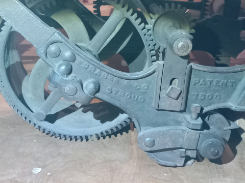 James Ferrabee & Co. Phoenix Ironworks - With Registered  No. 3074 Improvements - SERIAL No.  7508 12" Mower -  Close up showing Serial Number & makers name -Stroud Museum - 15th February 2025