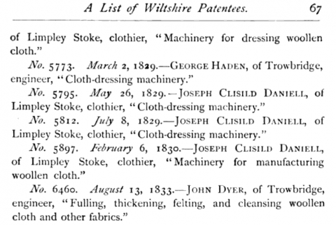 1833- 02-24   John Dyer of Throwbridge  Patent No. 6460 "Fulling, thickening, felting, and cleansing woollen cloth and other fabrics."