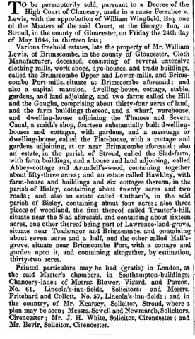 1844-05-24  Sale of Freehold estates of Mr John Lewis of Brimscombe - 24th May 1844
