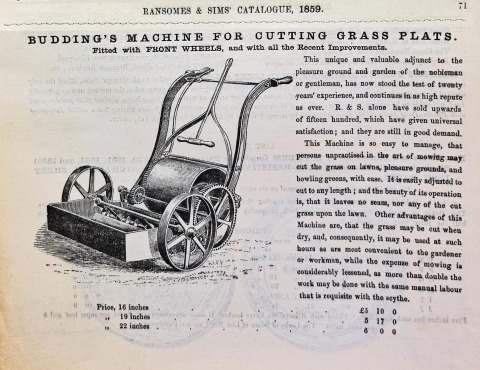 1859 - Ransomes & Sims - Budding's Machine for Cutting Grass Plats and with all the recent improvements  