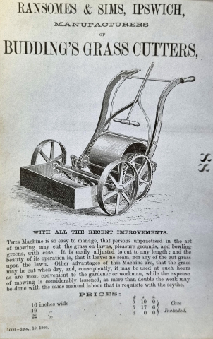 1860 - Ransomes & Sims - Budding's Machine for Cutting Grass Plats and with all the recent improvements  