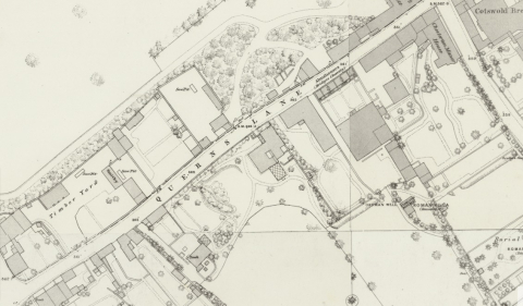 1888  OS MAP QUERNS LANE CIRENCESTER - RESIDENCE OF ARNOLD MERRICK - EARLY BUDDINGS MOWER OWNER
