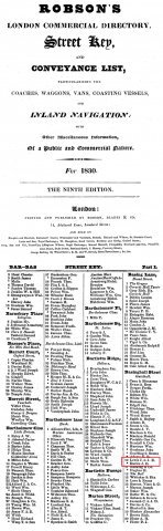 1830- Robson's London Commercial  Directory for Street Key and Conveyance - 1830