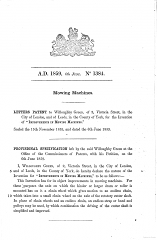 1859-06-06 Willoughby Green - Patent No 1384 - P01