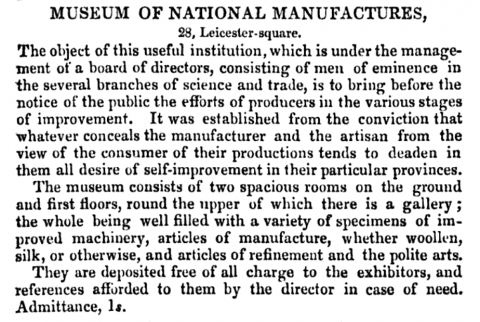 The Museum of National Manufactures - 28 Leicester Square London