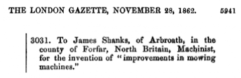 Brief mention on James Shanks Patent No. 3031
