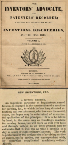 1839-12-28 The Inventors Advocate - Budding's Machine for mowing lawns.