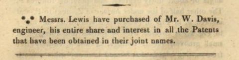 1821-02-01   Repertory of Arts and Manufactures - Lewis' buys out Davis shares in joint patents.
