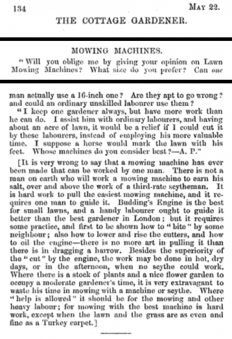 1855-05-22  The Cottage Gardener - Mowing Machine ease of use
