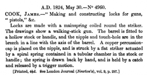 1824-05-15 Brief Patent description - James Cook Making and constructing locks for guns, "pistols," &c.