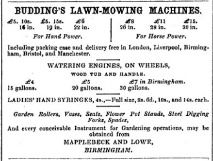 1855-05-01 The Cottage Gardener - Mapplebeck and Lowe selling Budding's Improved Mowers