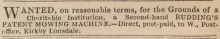 An early WANTED advertisement in The Gardeners Chronicle - 24th June 1843 - for a Budding's Mower
